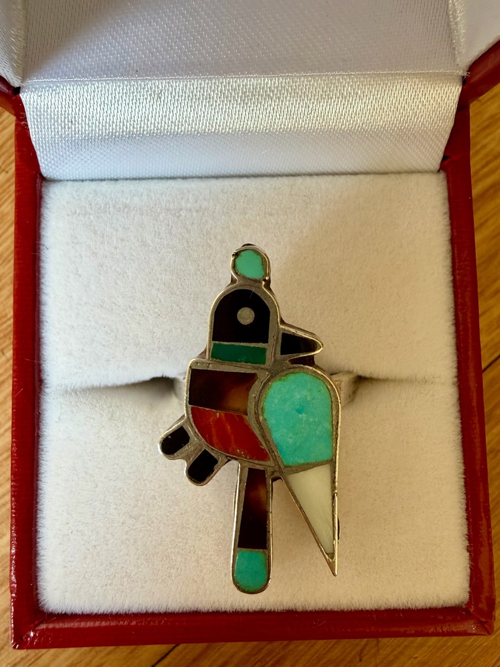 Vintage Native American Zuni Sterling Silver Turquoise Inlay Bird Ring Size 6